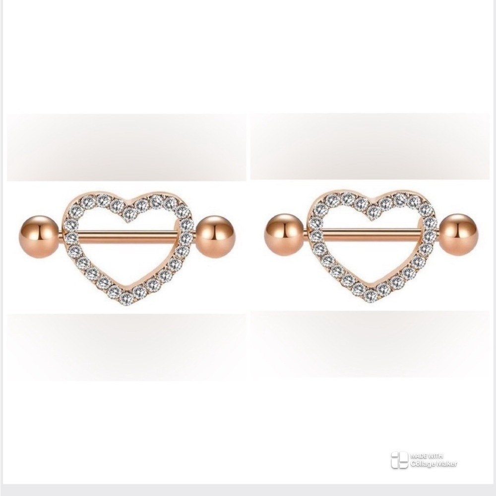 Rose Gold Crystal Bedazzled Nipple Ring Set- 2 Piercings New